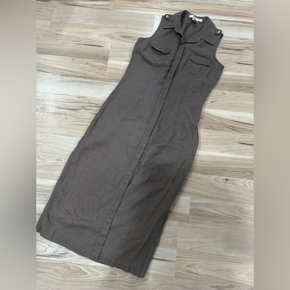 Vintage GEOFFREY BEENE SPORT Brown Olive 100% Linen Maxi Polo Shirt Dress Size 4